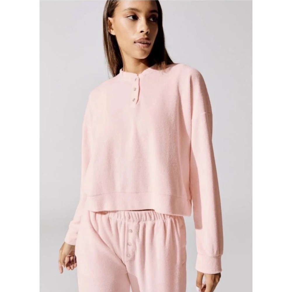 DONNI. Womens Terry Henley Pullover Sweatshirt Top Size XL Pink 3 Button Cropped